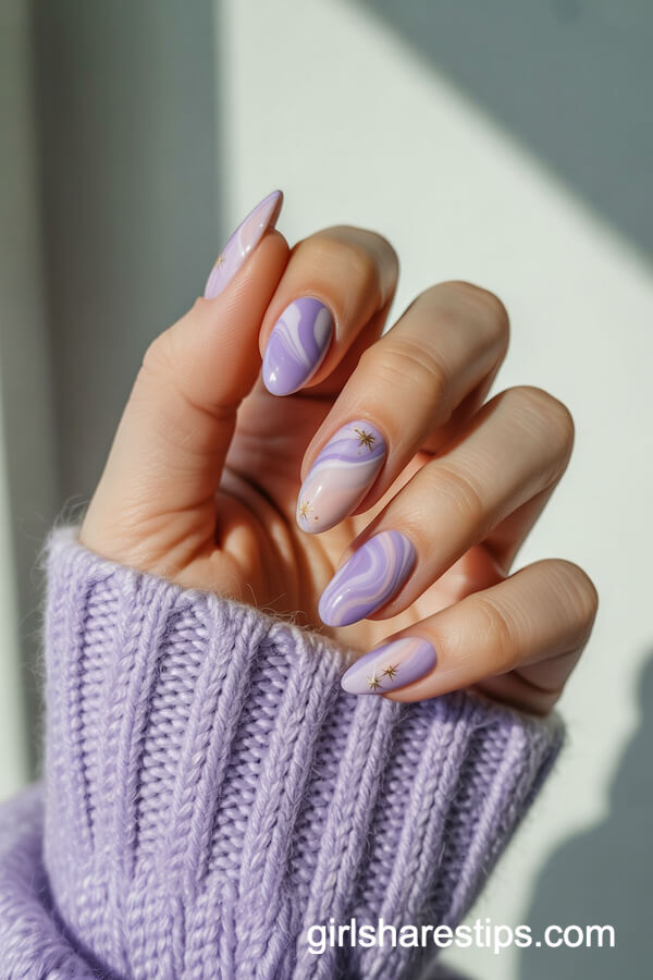 Lavender Marble Almond Nails with Gold and Star Accents