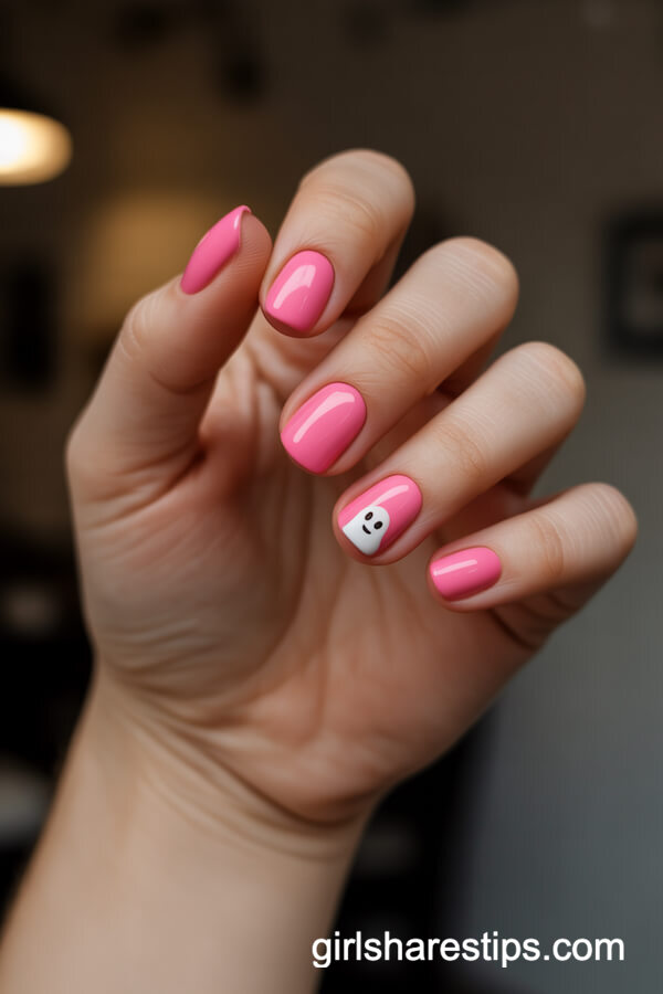 Bright Pink Squoval Nails with Cute Cartoon Ghost Accents