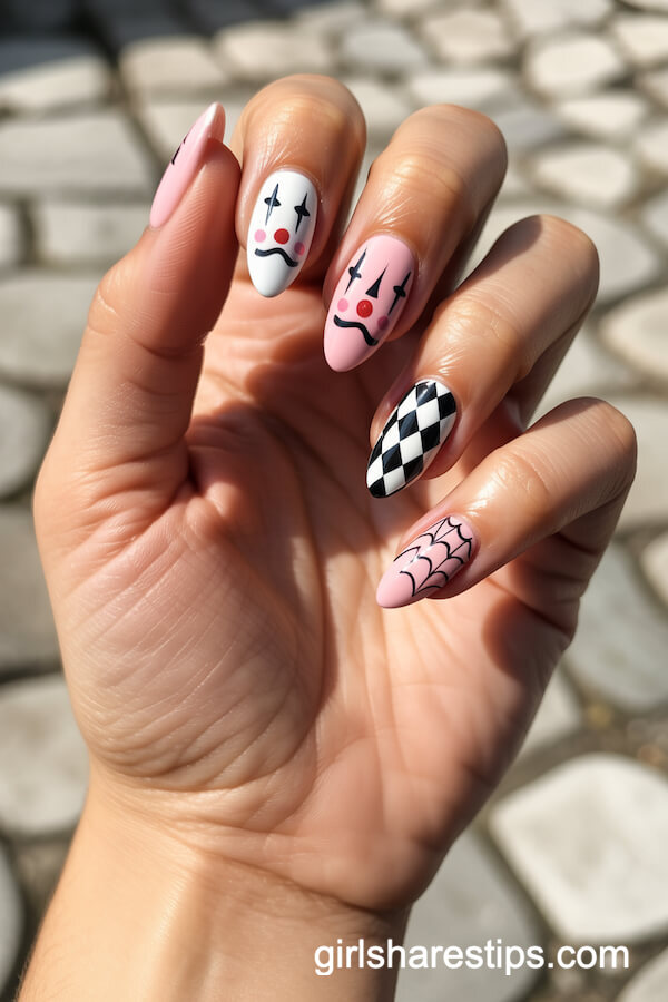 Girly Harlequin Clown and Checkerboard Almond Nails