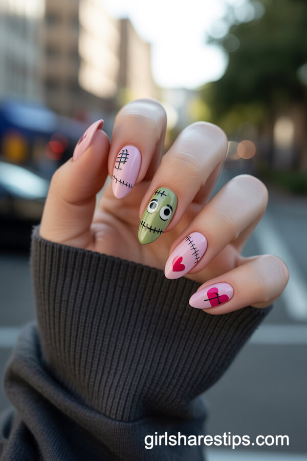Patchwork Frankenstein Pink Almond Nails with Hearts and Faces