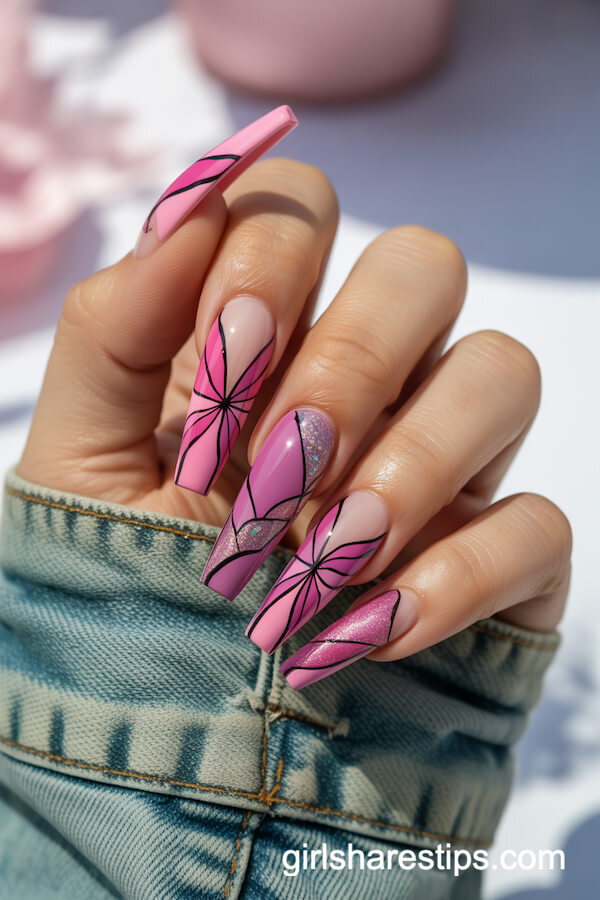Pink and Violet Butterfly Wing Coffin Nails with Geometric Accents