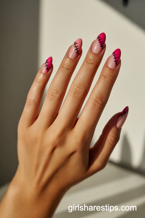 Pink Stitched Frankenstein Hot Pink Almond Nails