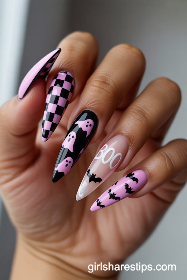 Stiletto Halloween Nails with Checkerboard, Ghosts, Bats, and “BOO”