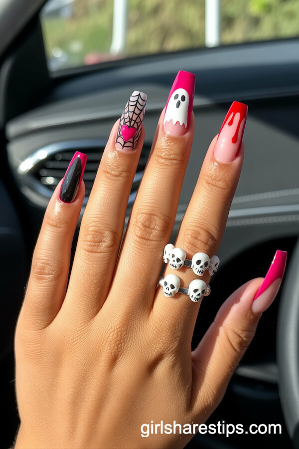 Coffin Halloween Nails with Hearts, Ghosts, Skulls, and Blood Drips