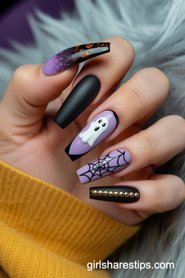Extra-Long Coffin Nails with Ghosts, Spiders, Glitter, and Studs