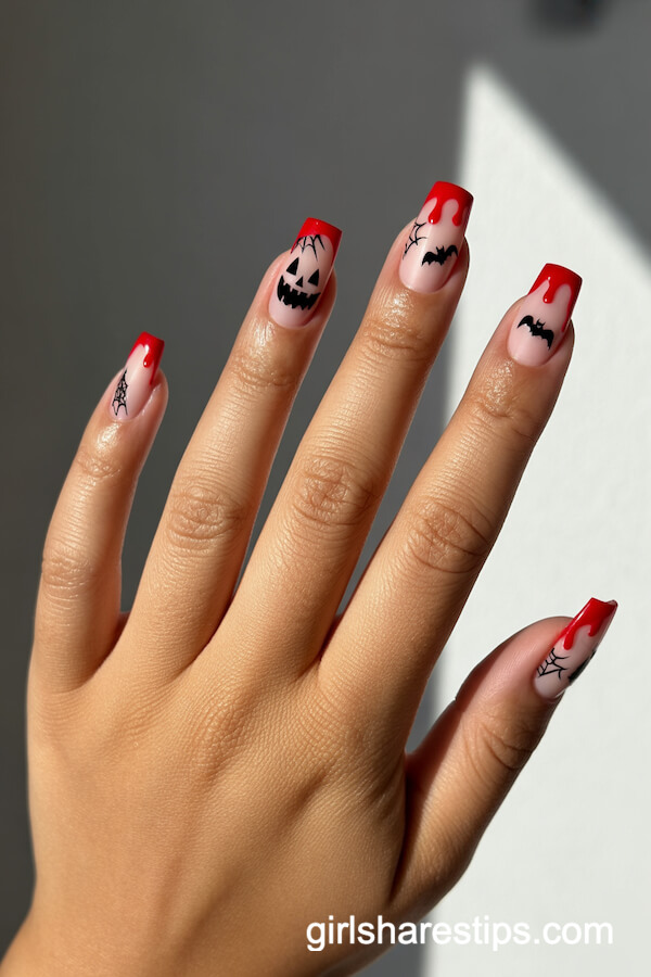 Square Halloween Nails with Red, Nude, and Scary Black Details