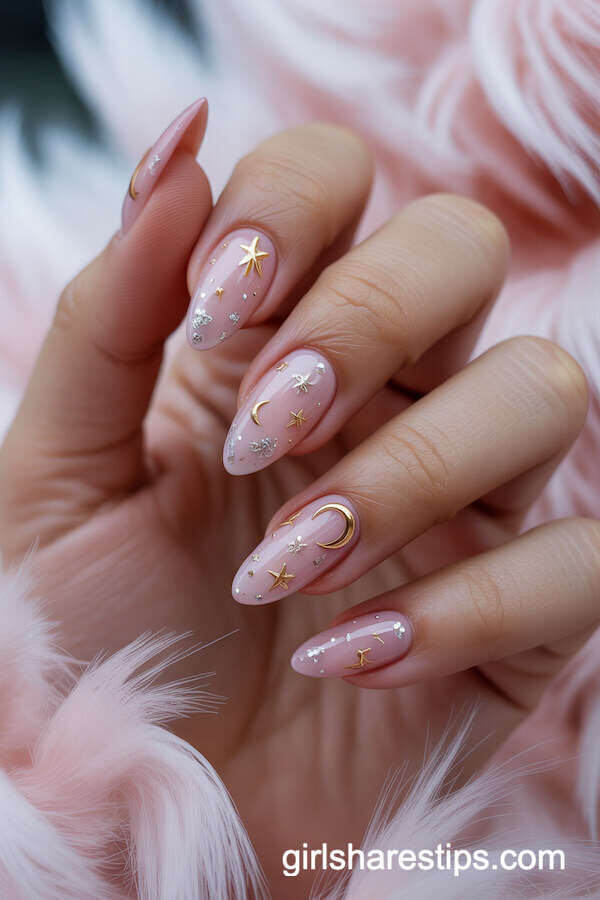 Pink Ombre Almond Nails with Glitter Stars and Moons