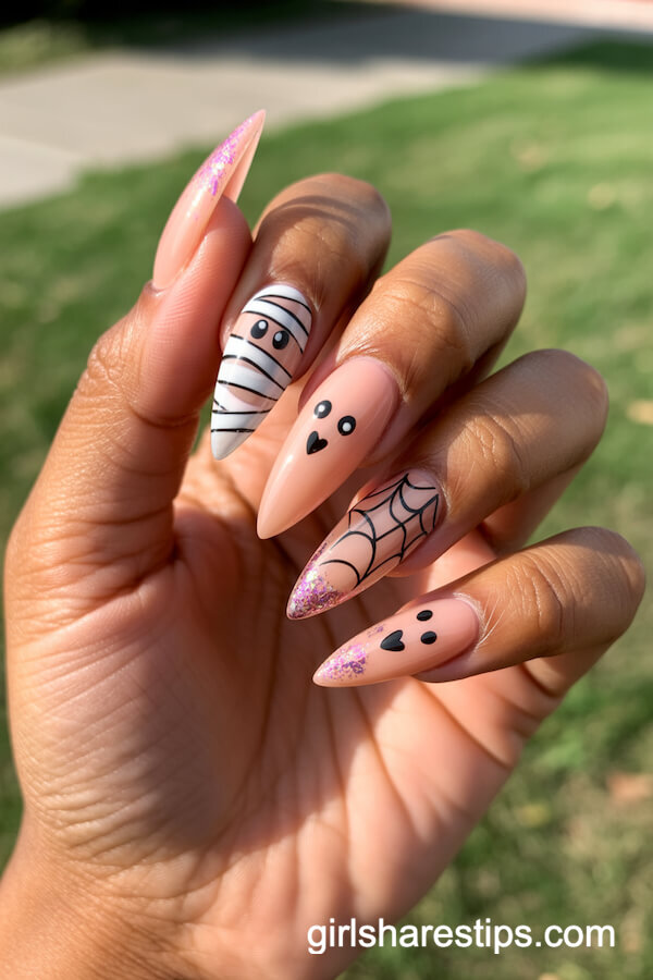 Pastel Peach Stiletto Nails with Cute Mummy and Ghost Halloween Art
