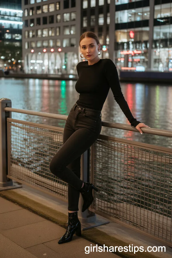 Moody Riverfront: Black Skinny Jeans & Classic Black Top