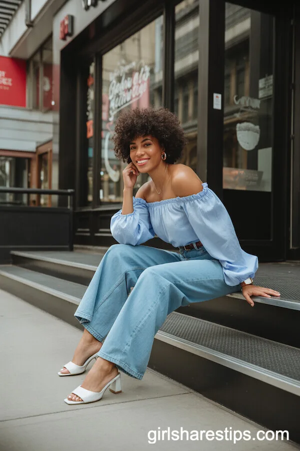Fun Club Stairs: Wide Leg Jeans & Off-Shoulder Blouse