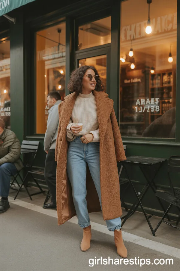 Cozy Fall Night: Mid-Wash Jeans & Chunky Teddy Coat