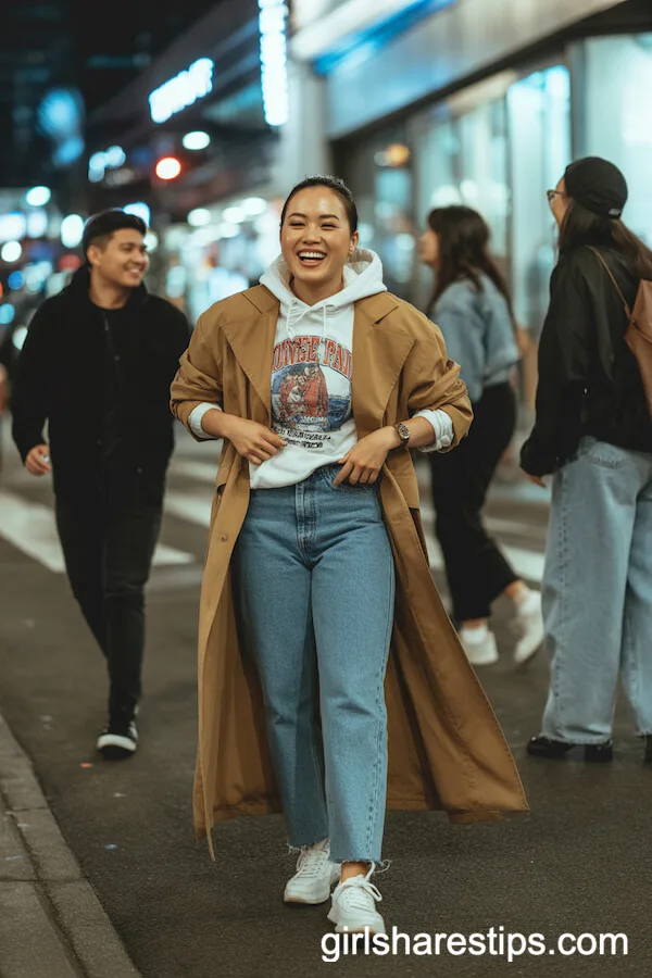 Layered Street Style: Straight Jeans & Trench over Hoodie