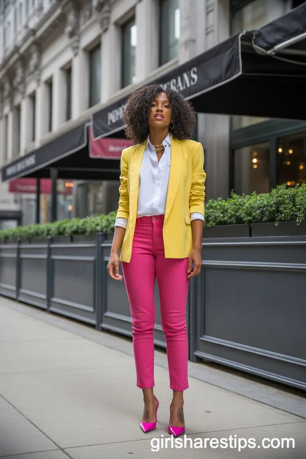 Bold Color Pop: Hot Pink Jeans & Yellow Blazer Combo