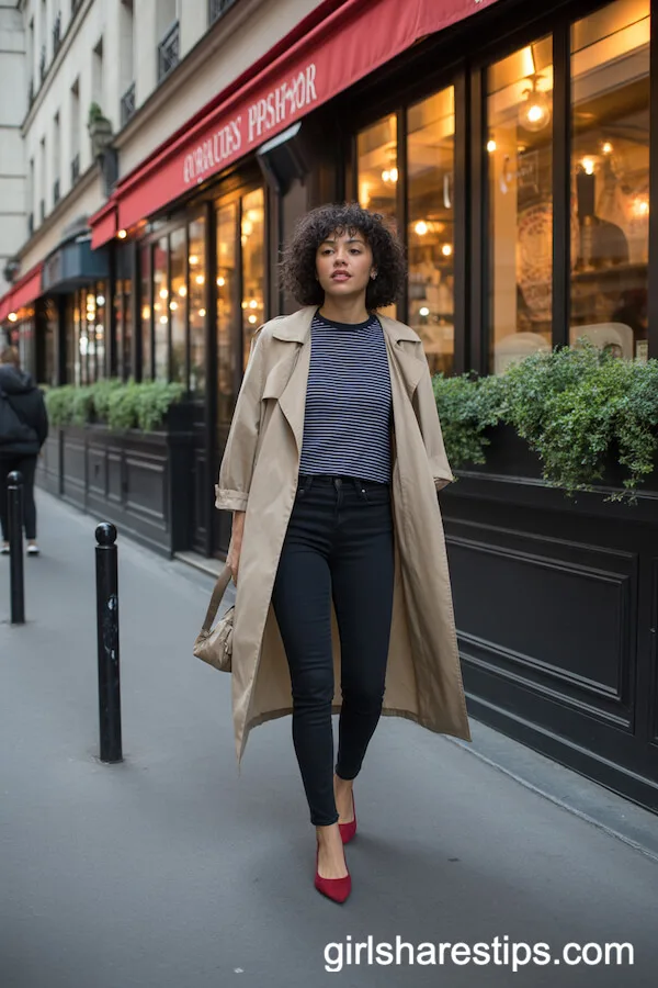 Parisian City Night: Black Skinny Jeans & Navy Tee With Trench