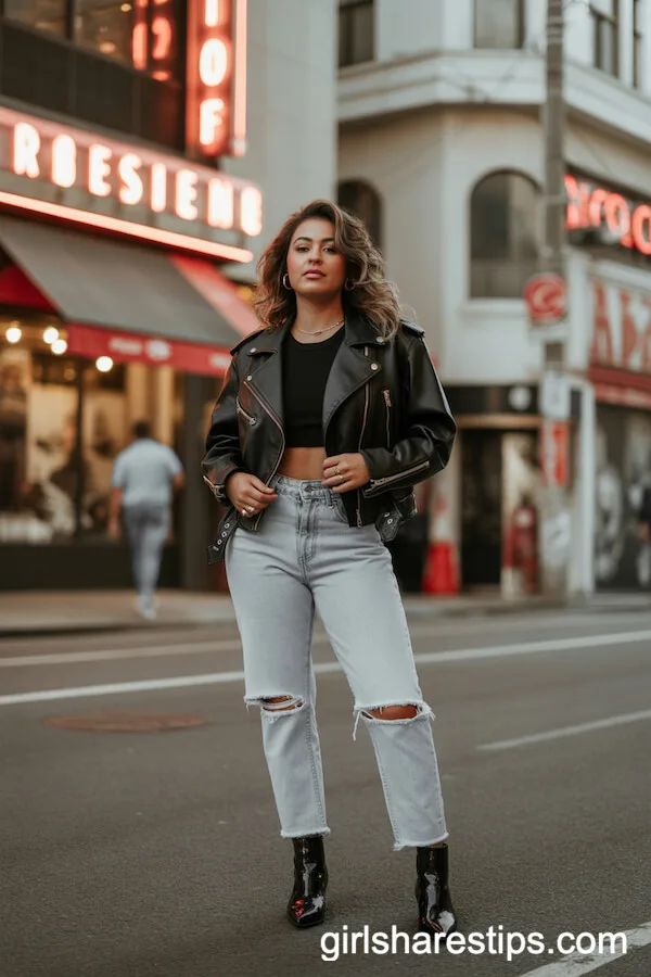 Edgy Night Out: Ripped Jeans, Black Crop Top & Moto Jacket