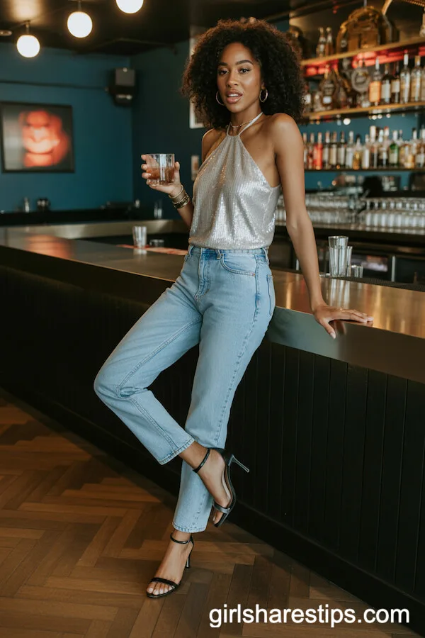 Sparkling Lounge Look: Blue Jeans & Sequin Halter Top