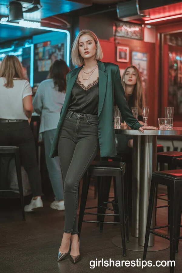 Confident Bar Style: Dark Skinny Jeans & Green Satin Blazer