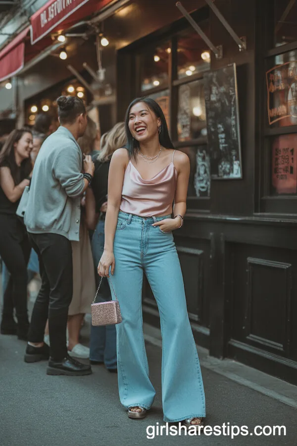 Playful Night: High-Rise Flare Jeans & Pink Satin Camisole