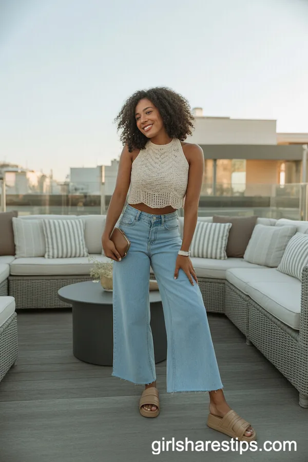 Rooftop Sunset: Wide-Leg Jeans & Crochet Crop Top