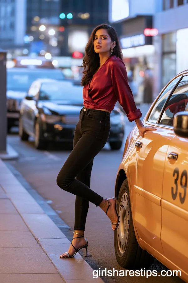 City Night Glam: Black Skinny Jeans & Red Silk Wrap Blouse