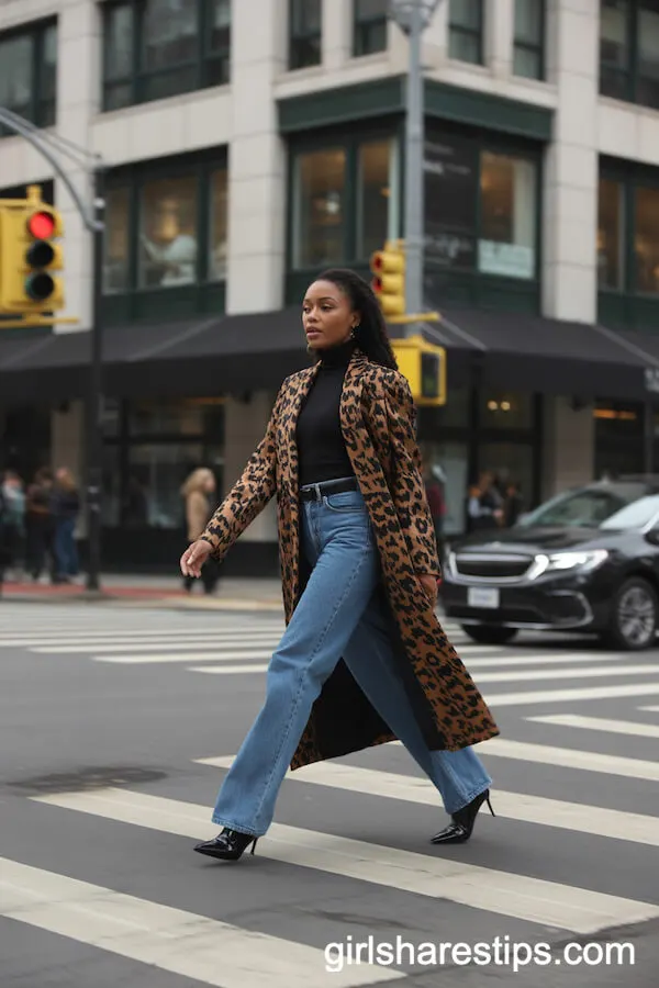 High Fashion Crosswalk: Blue Jeans & Patterned Statement Coat