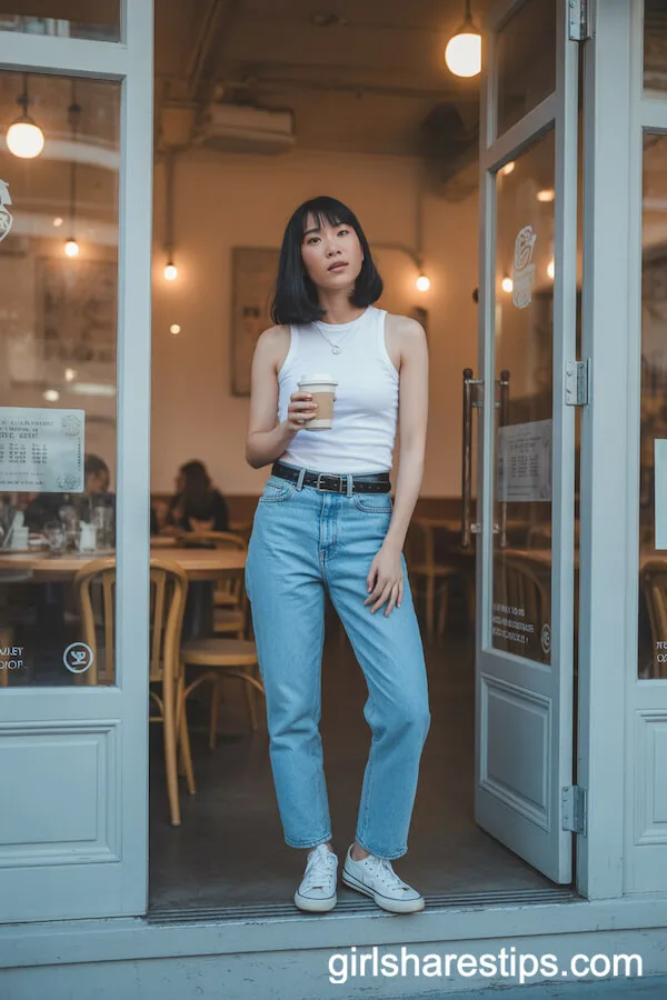 Minimal Caf&eacute; Style: Mid-Blue Jeans & White Tank Top