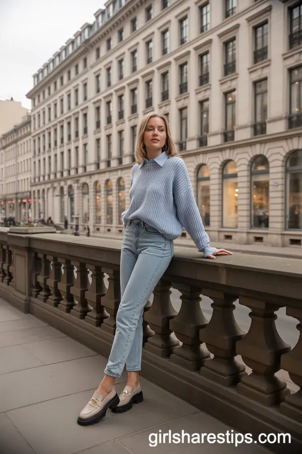 Preppy Evening: Slim Jeans & Pastel Sweater Outfit