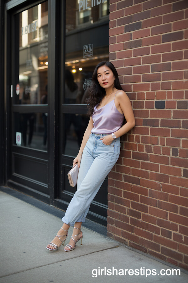 High-Waisted Jeans with Lilac Satin Cami Club Outfit