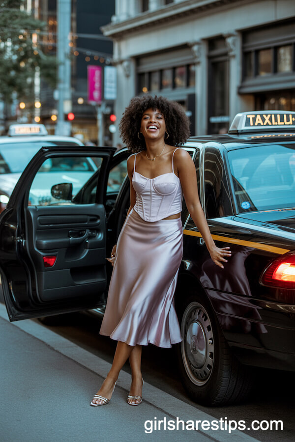 Pastel Corset Top and Satin Midi Skirt with Nightlife Vibe