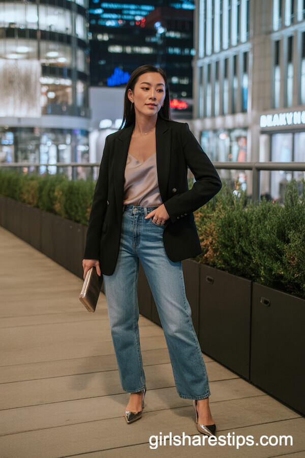 Tailored Black Blazer and Champagne Cami with Straight-Leg Jeans
