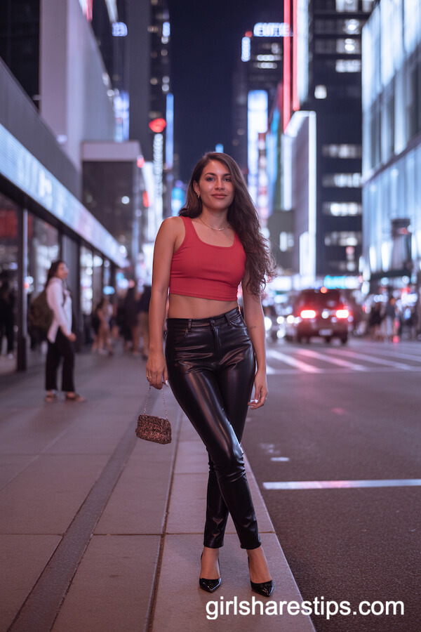 Black Leather Pants and Red Crop Top Night Street Style