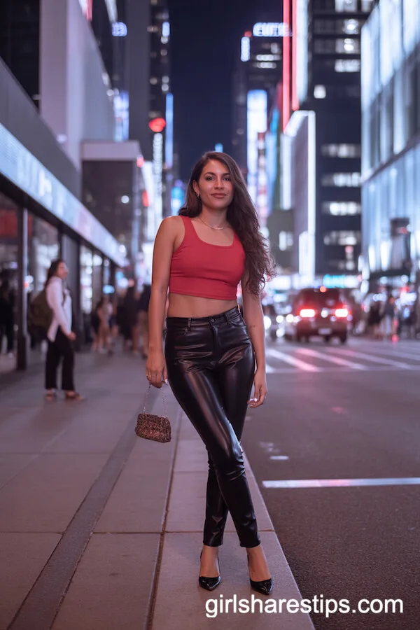 Black Leather Pants and Red Crop Top Night Street Style