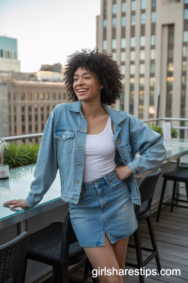 Double Denim Mini Skirt and Jacket Outfit for Rooftop Lounge