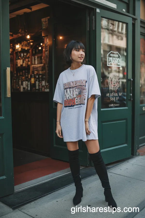 Oversized Graphic T-Shirt Dress and Thigh-High Boots