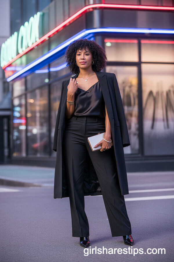 All-Black Outfit with Silk Camisole and Longline Blazer
