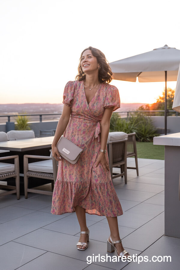 Vibrant Wrap Dress with Block Heel Sandals