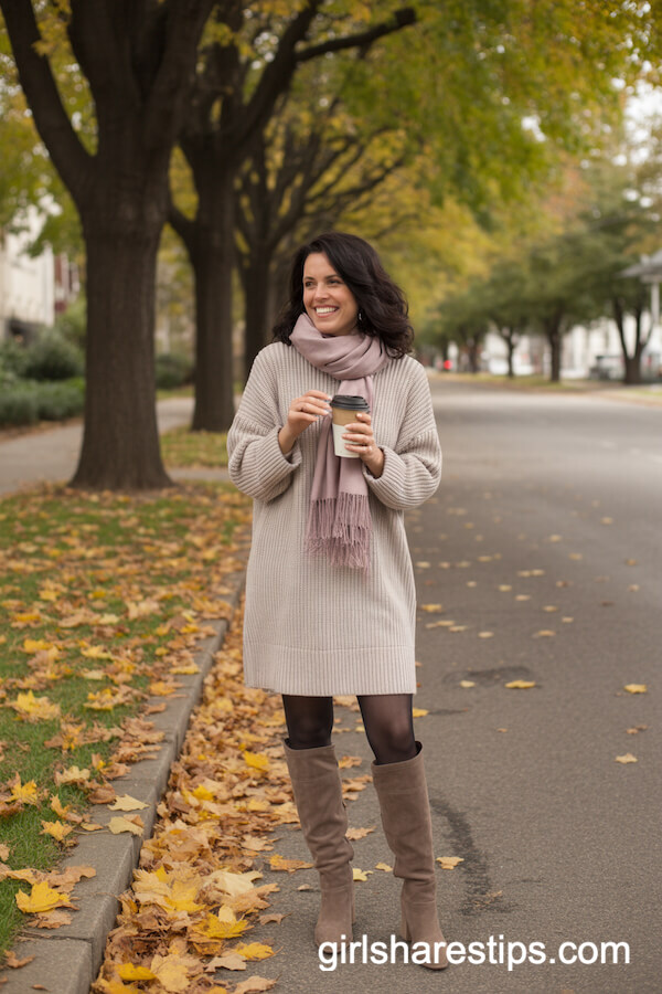 Cozy Knit Sweater Dress with Knee-High Suede Boots