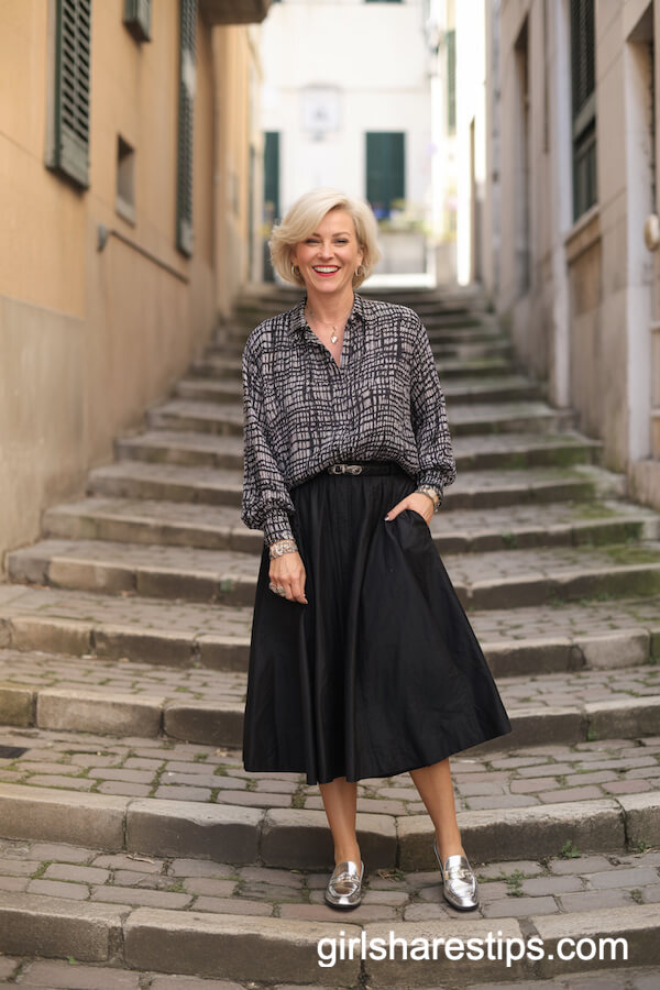 Black Full Midi Skirt with Abstract Print Blouse