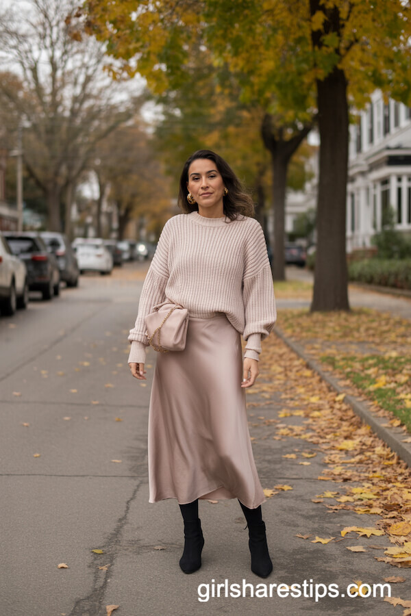 Flowy Silk Midi Skirt Soft Knit Sweater