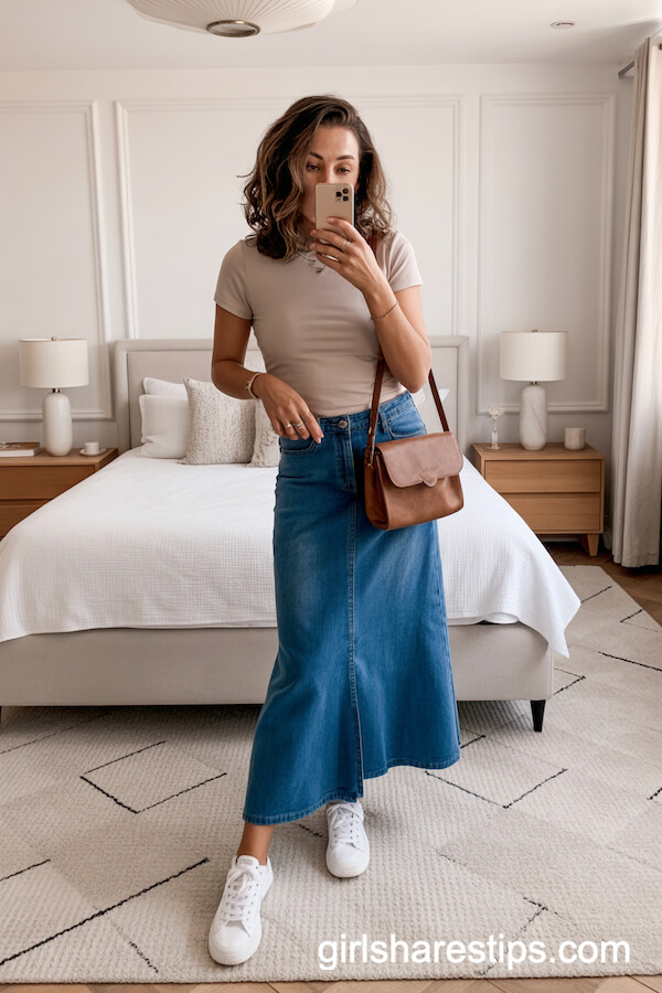 Denim Maxi Skirt Fitted T-Shirt