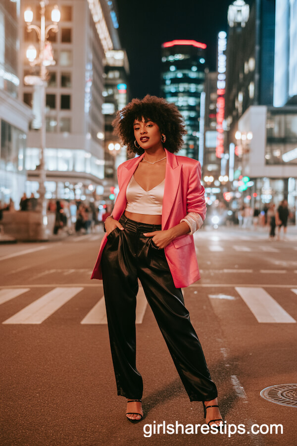 Neon Pink Blazer with Black Satin Pants