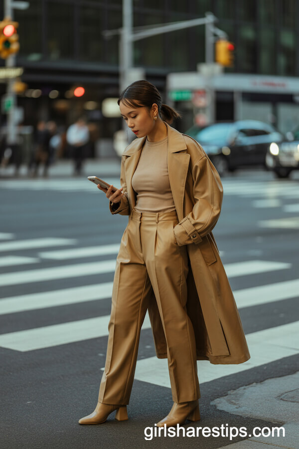 Tan Tailored Trousers with Camel Trench Coat