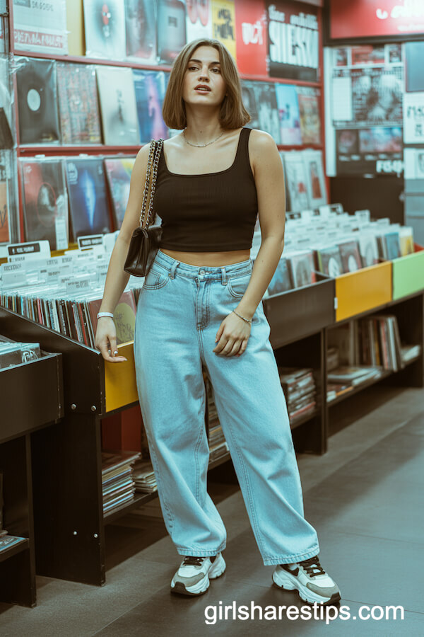 Light-Wash Baggy Jeans with Ribbed Top
