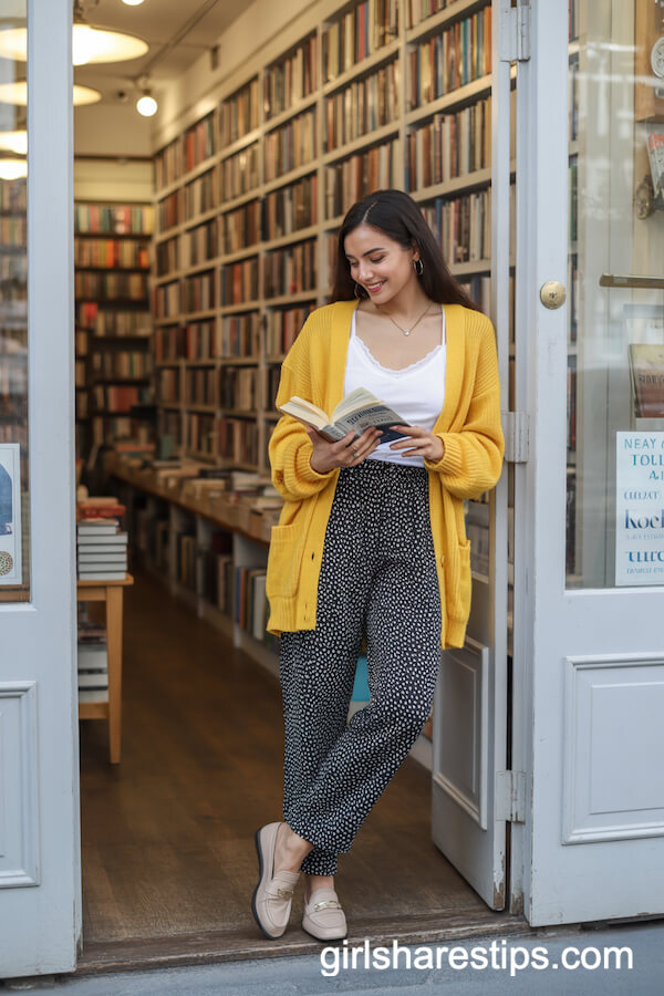 Polka-Dot Pants with Yellow Cardigan