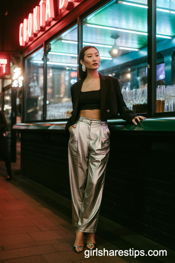 Silver Metallic Trousers with Black Cropped Blazer