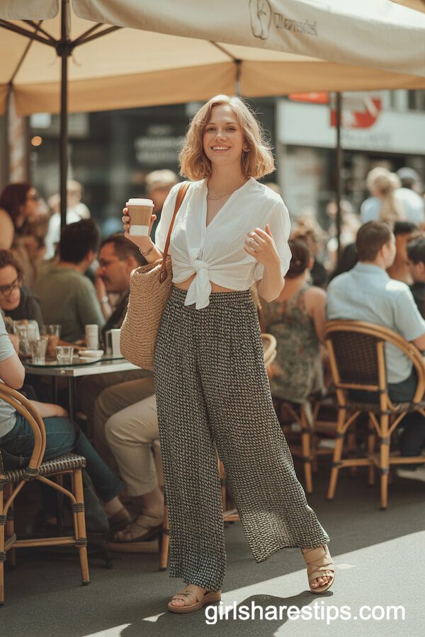 Flowy Printed Wide-Leg Pants with White Blouse