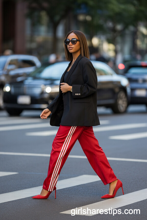 Red Adidas Track Pants with Black Blazer