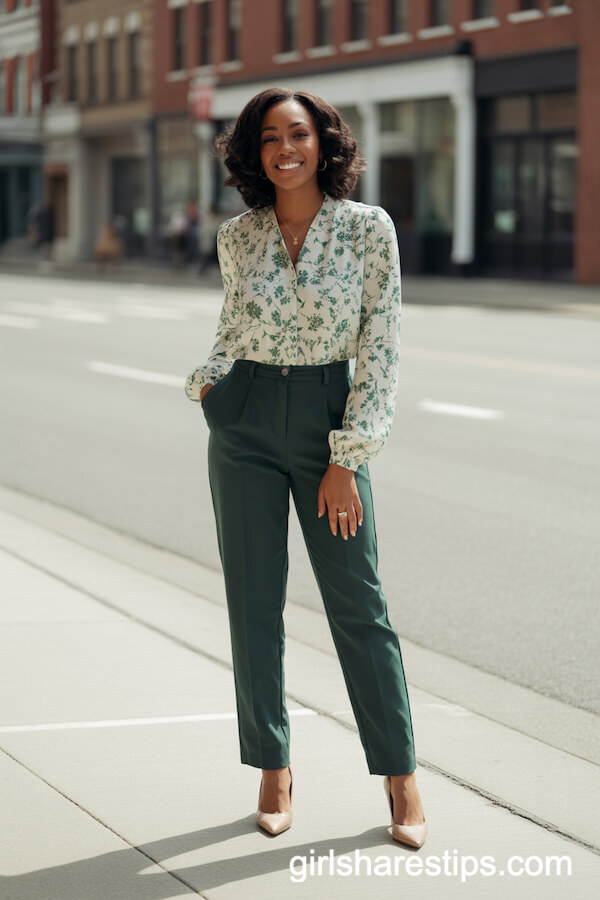 Dark Green Tailored Pants with Floral Blouse
