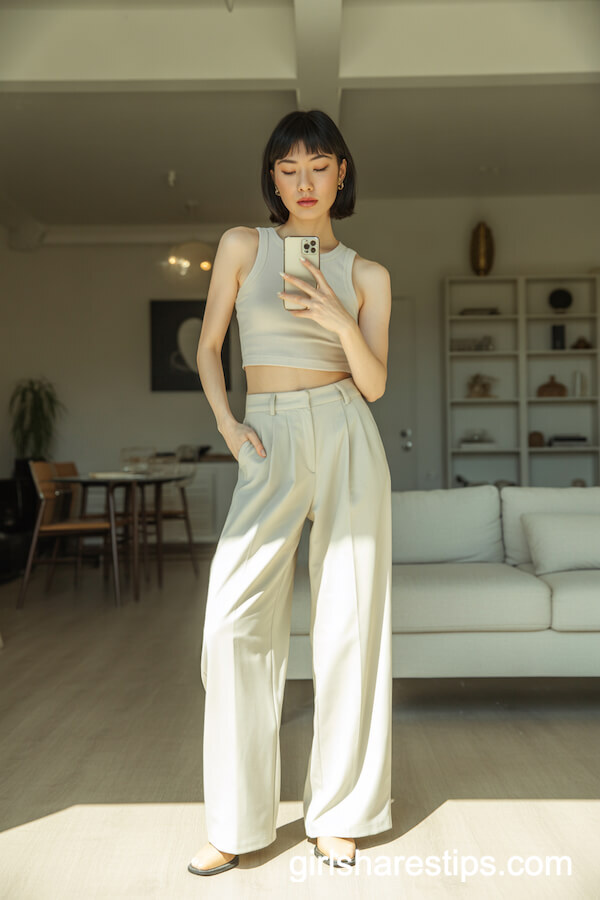 Cream Wide-Leg Trousers with Matching Tank