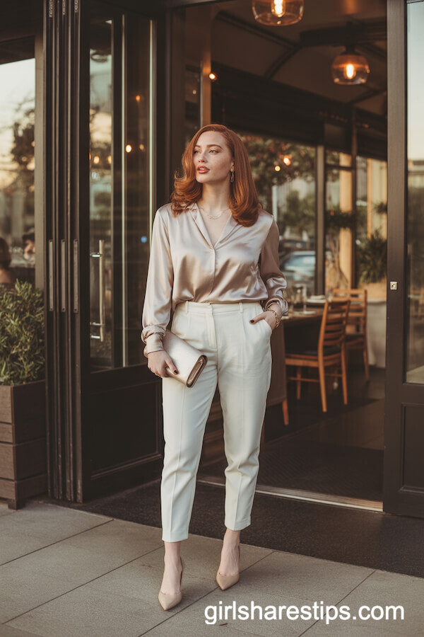 White Tailored Pants with Champagne Silk Blouse